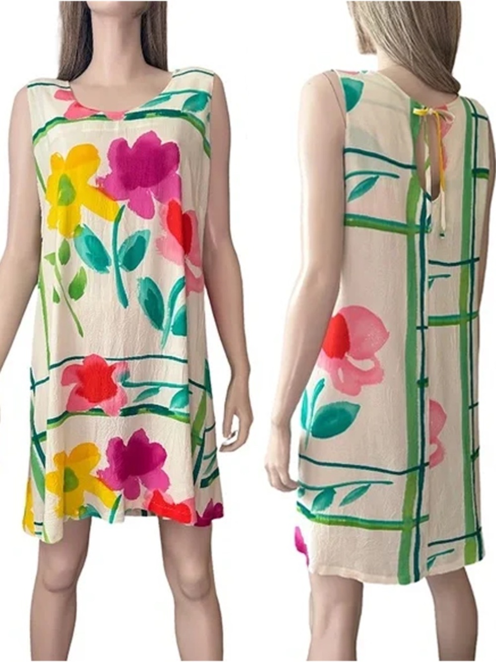 James World Floral Shift Dress Flower Box Colourful 100% Rayon Sleeveless RARE